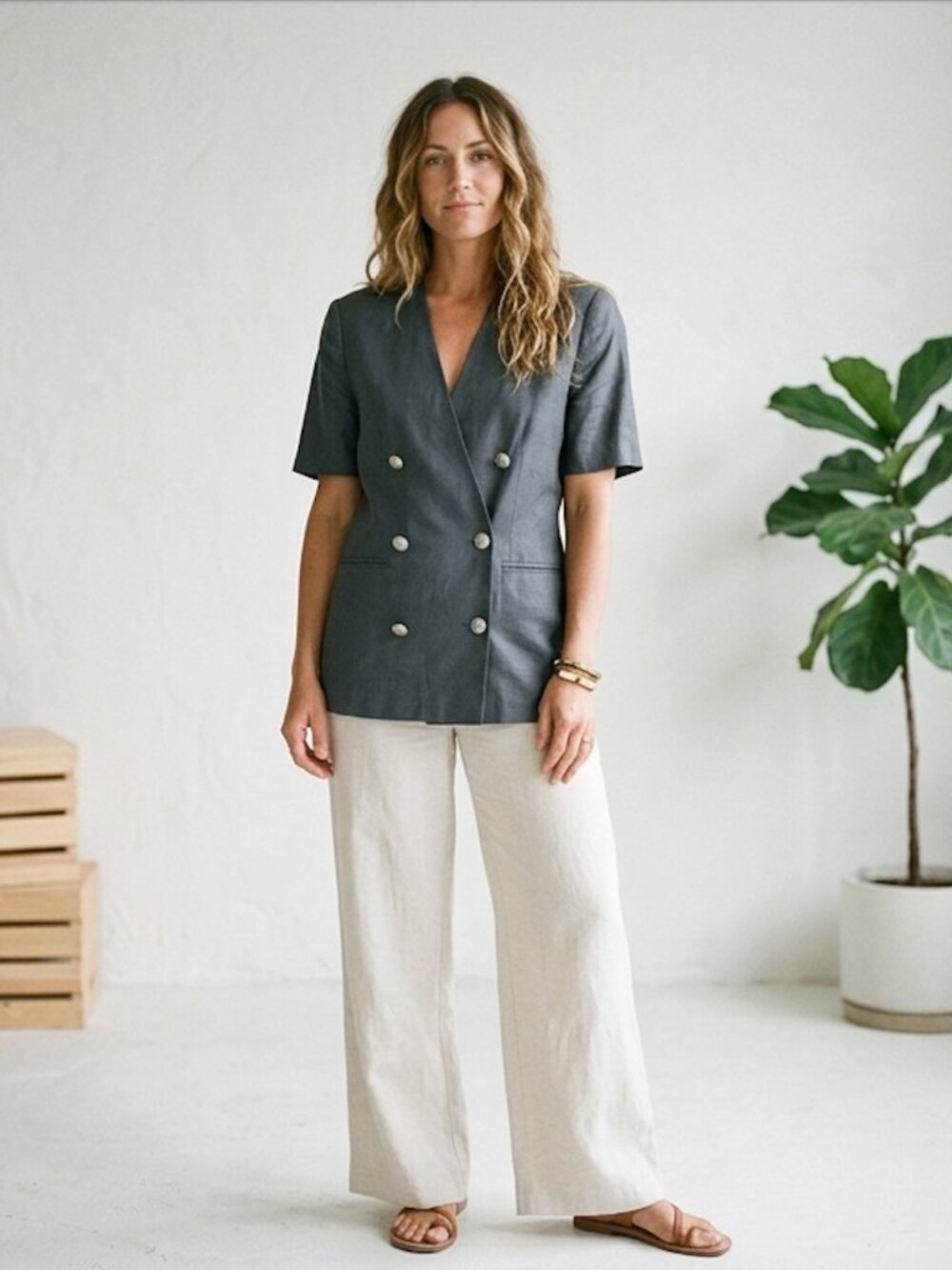 Jones New York Vintage Gray Linen Short Sleeve Blazer Double Breasted Petite